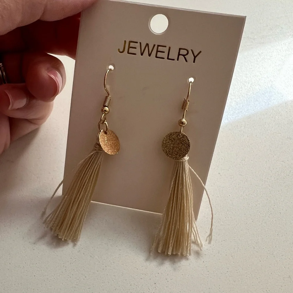 Brand New Cream Tassel Earrings with Gold Tone Accents